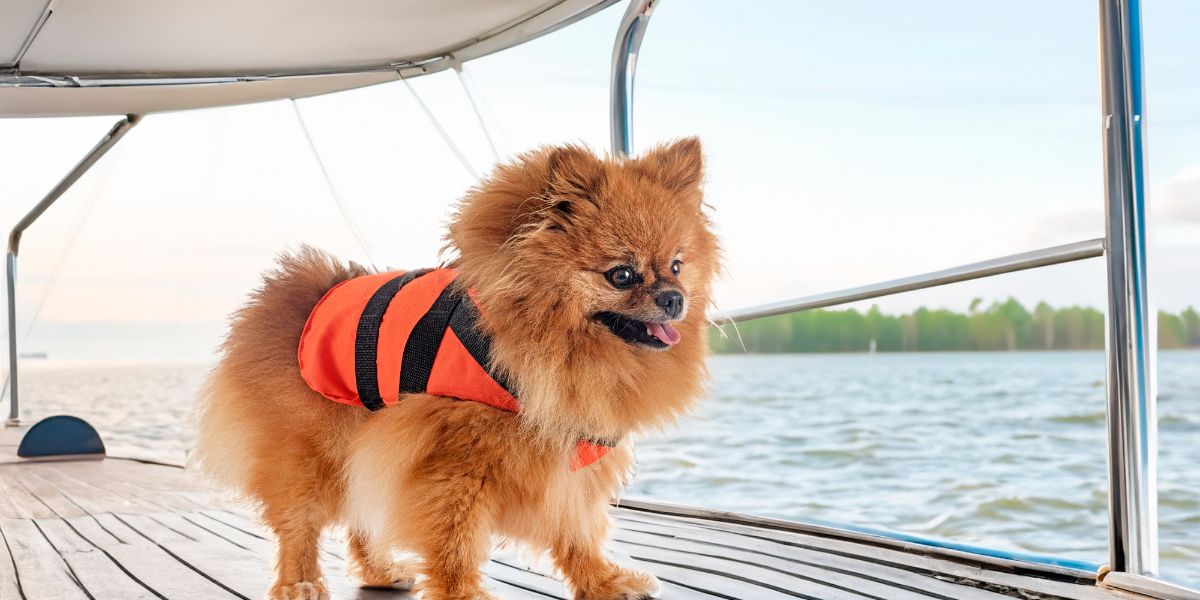 Pomeranian dog wearing an orange life jacket on a boat in pet friendly Venice, LA.